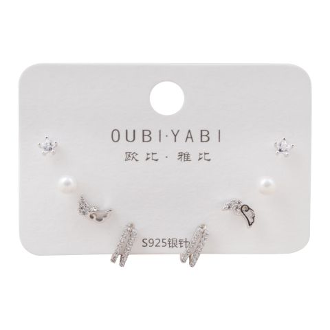 Oubi Yabi Girls Earrings Set, 4 Pairs, Silver, NS-045