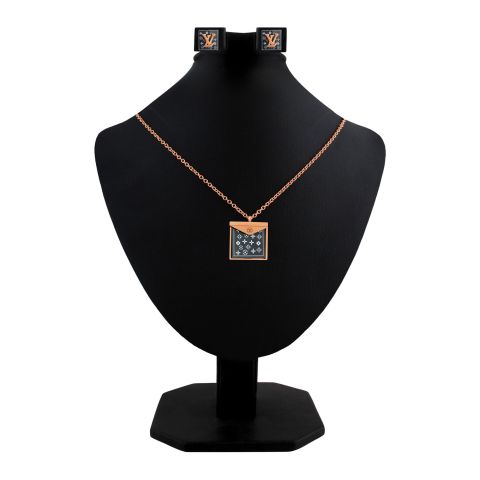 LV Style Girls Locket & Earrings Set, Rose Gold, NS-0191