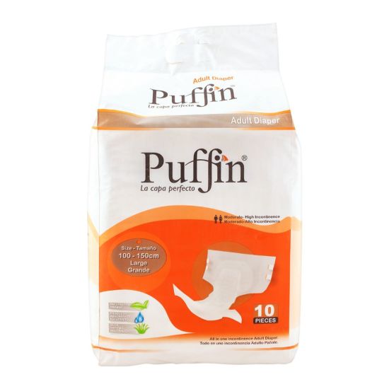 Puffin Adult Diaper, Large, 100-150cm/39-59 Inches, 10-Pack