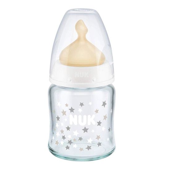 Nuk First Choice+ Latex Glass Feeding Bottle, White/Stars, M, 0-6m, 120ml, 10747093