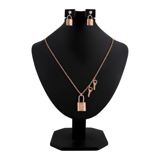 LV Style Girls Locket & Earrings Set, Rose Gold, NS-0196