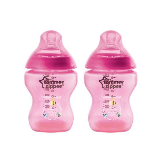 Tommee Tippee Closer To Nature Decorated Baby Feeding Bottles, 2-Pack, Pink, 0m+, 260ml/9oz, 422586/38